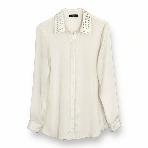T TAHARI STUDDED LONG SLEEVED BUTTON DOWN CREAM SHIRT BLOUSE SZ L - Picture 2 of 5